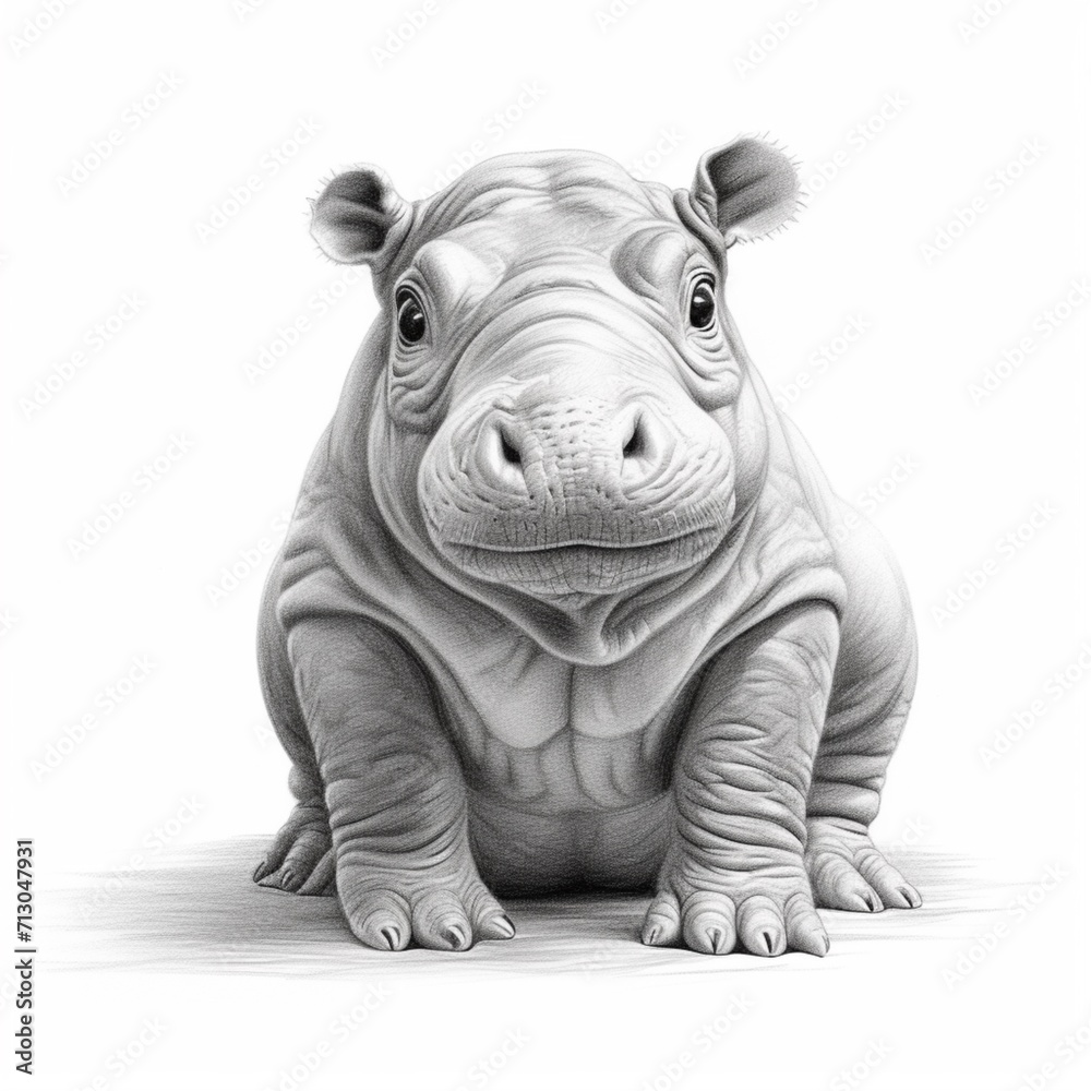 pencil sketch cute hippopotamus animal drawing images Generative AI pencil sketch cute hippopotamus animal drawing images Generative AI