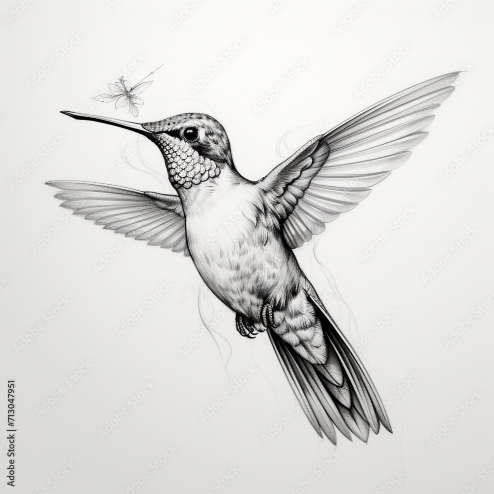 Fototapeta premium Pencil sketch cute hummingbird drawing image Generative AI