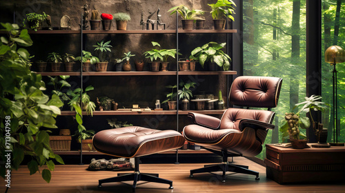 Cozy Living Room Interior with Vintage Furniture, Wooden Elements, and Greenery