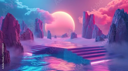Surreal landscape with neon form in the water and colorful sand. Podium  display on the background of abstract shapes and objects. Fantasy world  futuristic fantasy image.