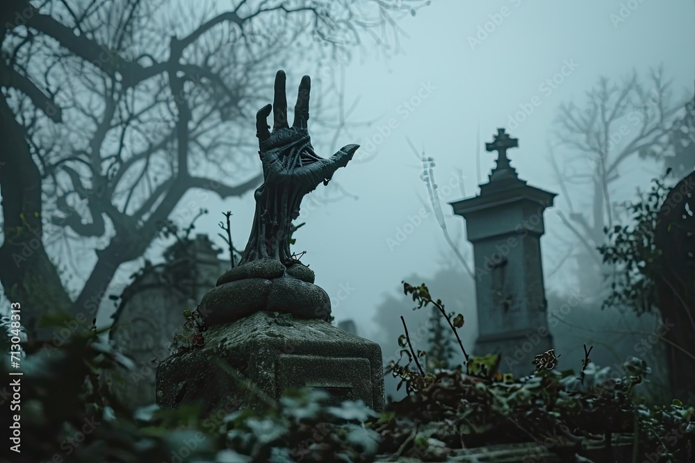 A zombie hand reaching out from a grave in a misty cemetery . Zombie hand coming out of his grave A zombie hand reaching out from a grave in a misty cemetery . Zombie hand coming out of his grave