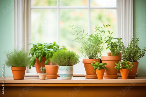 fresh herb plants in small terracotta pots