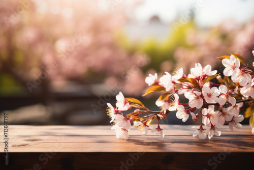 Wooden table spring nature bokeh background, empty wood desk product display mockup with green park sunny blurry abstract garden backdrop landscape ads showcase presentation. Mock up, copy space.