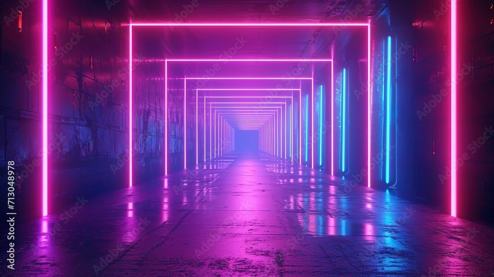 Abstract neon ultraviolet background, 3d render. Interior of nightclub,tunnel,corridor with concrete walls.Modern laser sci-fi room, visual cyber space, music background. Abstract neon ultraviolet background, 3d render. Interior of nightclub,tunnel,corridor with concrete walls.Modern laser sci-fi room, visual cyber space, music background.