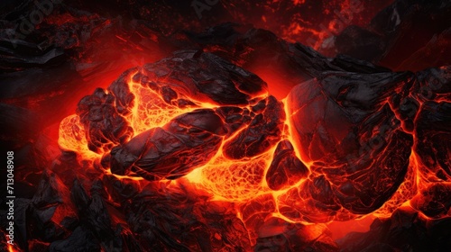 A close up of a fire with rocks in the background. Generative AI.