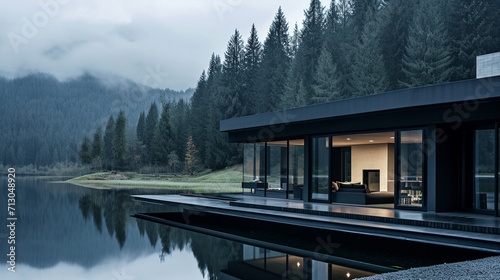 modern house at the lake  moody mountain forest background  water reflection