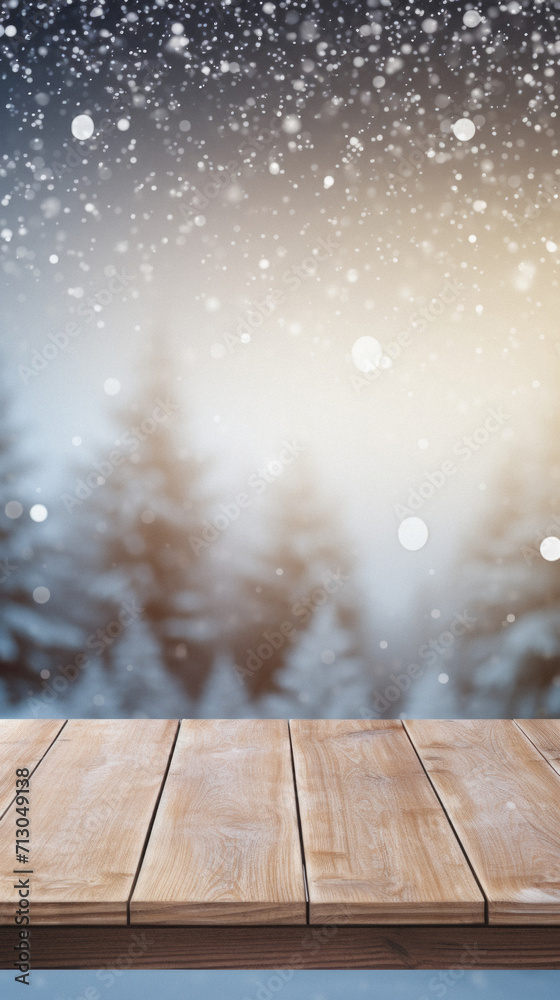 Wooden table snowy trees winter nature bokeh background, empty wood desk product display mockup snow landscape blurry abstract backdrop ads showcase Christmas time presentation. Mock up, copy space. Wooden table snowy trees winter nature bokeh background, empty wood desk product display mockup snow landscape blurry abstract backdrop ads showcase Christmas time presentation. Mock up, copy space.