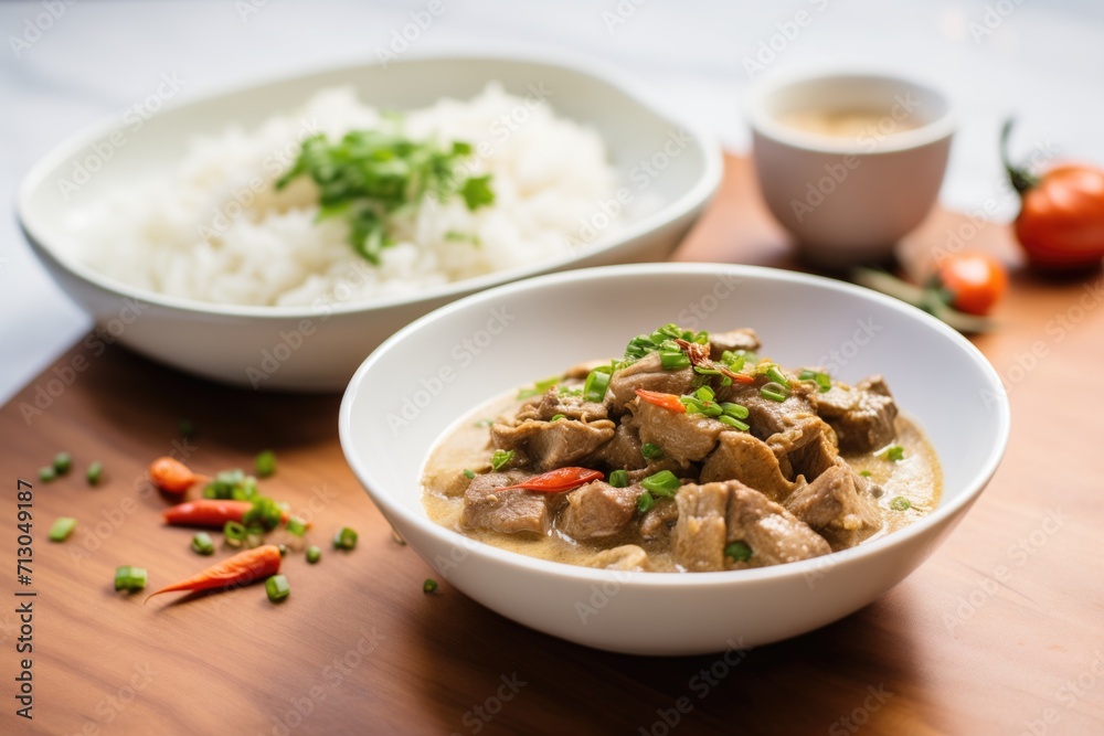 beef stroganoff in a bowl, with steamed white rice on the side beef stroganoff in a bowl, with steamed white rice on the side