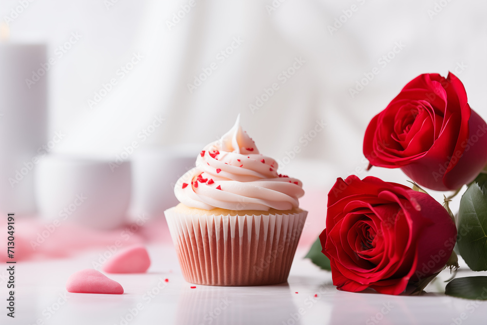Cupcake and flowers for Valentine's Day