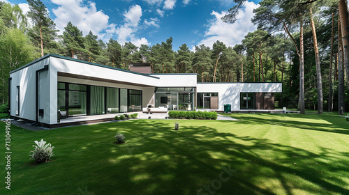 Modern rectangular detached house with a large backyard in a forested area. Ai Generative