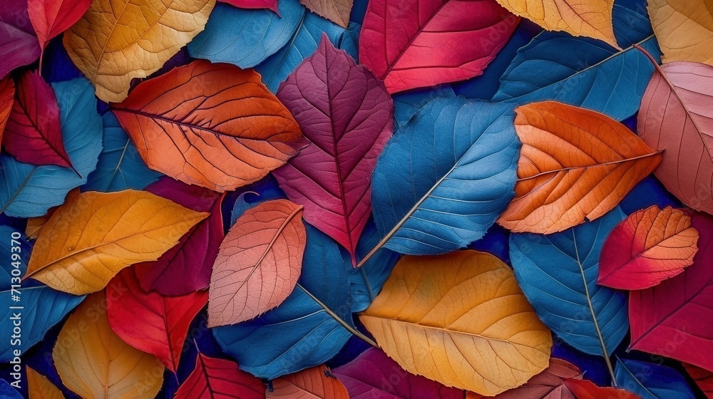 Colorful leaves flat lay on a dark background.