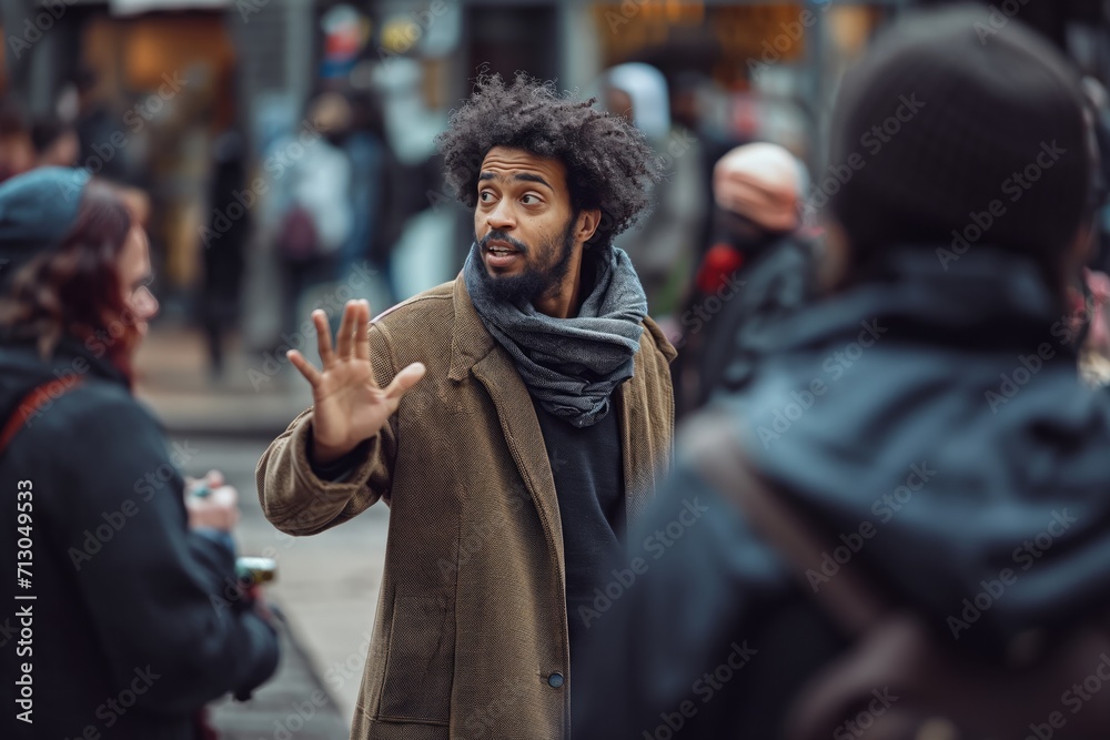 A man is animated as he uses hand gestures and talks to onlookers 