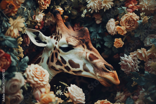 Giraffe portrait with fresh flowers and leaves. Creative animal portrait. Generative Ai