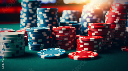 Tabletop Charm: Poker Chips Amidst Blurred Casino Scene, generative ai