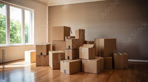 Cardboard moving boxes in new home. © Black