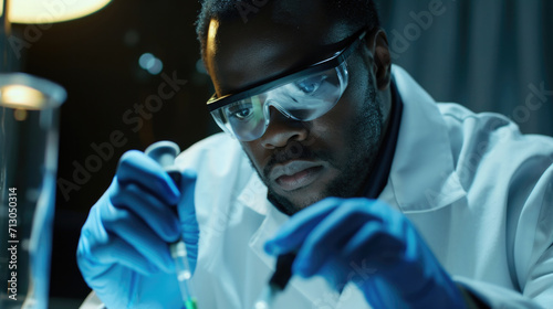Portrait of African American forensic scientist working meticulously in a crime scene investigation photo