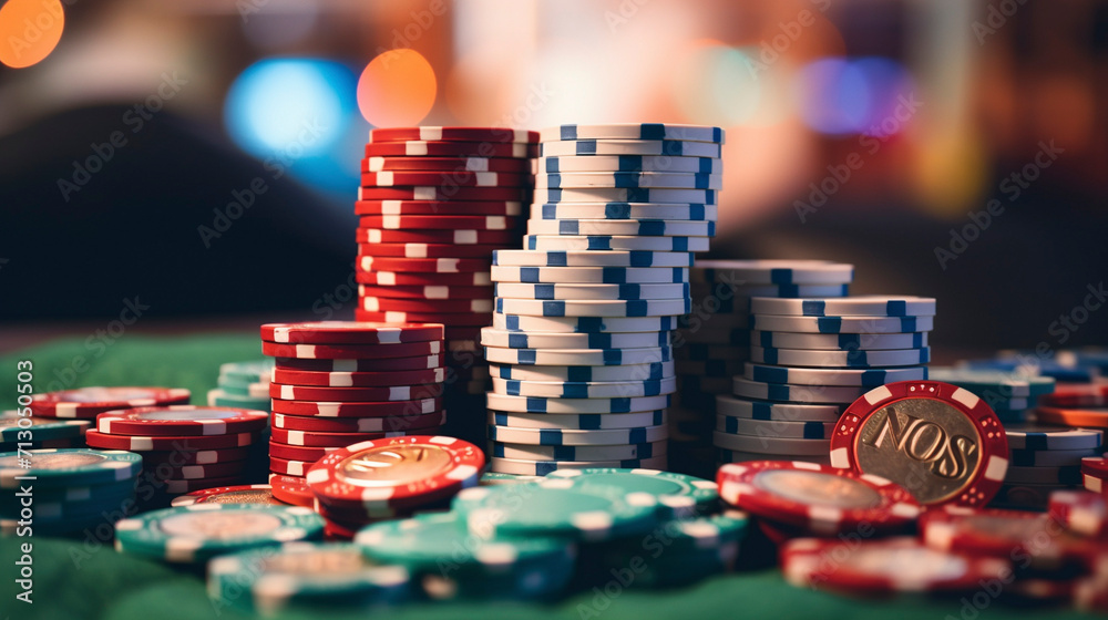 Fortune's Embrace: Poker Chips on Table with Blurred Backdrop, Generative AI Fortune's Embrace: Poker Chips on Table with Blurred Backdrop, Generative AI