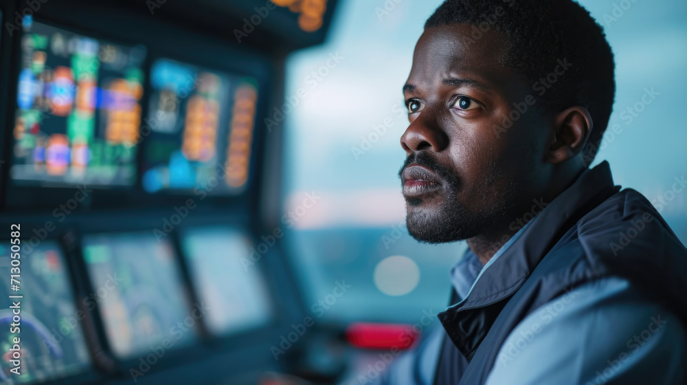 Fototapeta premium Portrait of African American skilled air traffic controller managing flights in a control tower