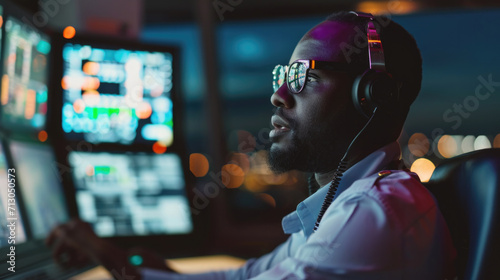 Portrait of African American skilled air traffic controller managing flights in a control tower photo