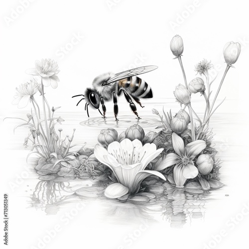 Pencil sketch flower garden Bees fly drinking image Generative AI