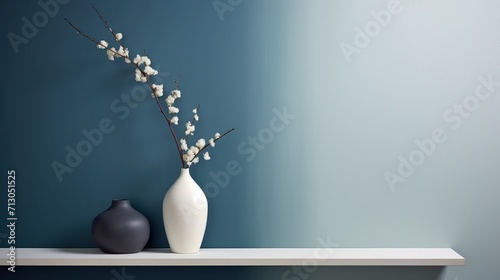 White vase with branched flowers on a shelf against a blue wall.