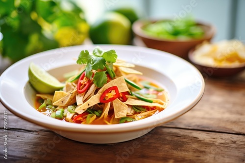 close-up of chicken tortilla soup with fresh herbs