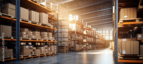 Busy warehouse with cartons, shelves, pallets, forklifts logistics blurred background