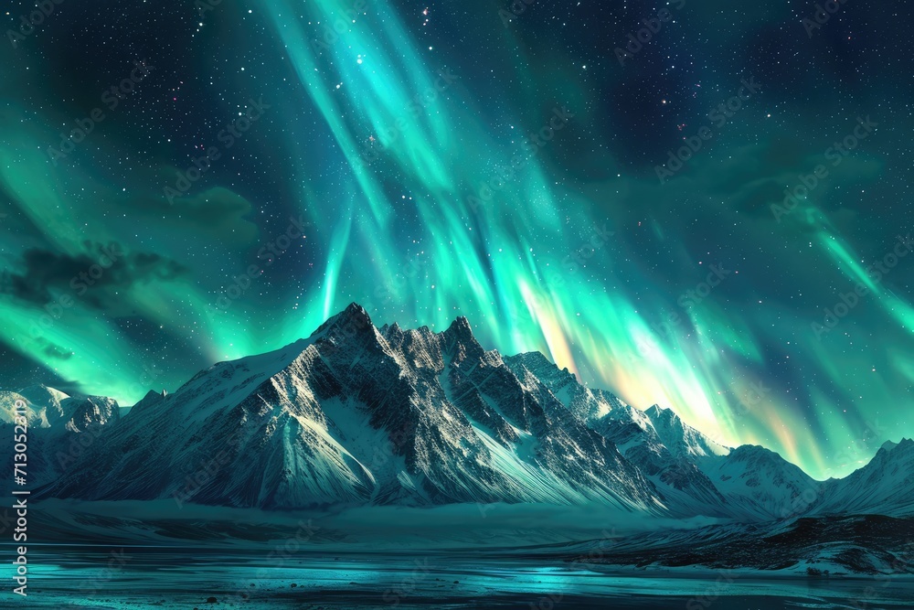 Aurora Borealis (Northern Lights) exploding over the Alaskan peaks