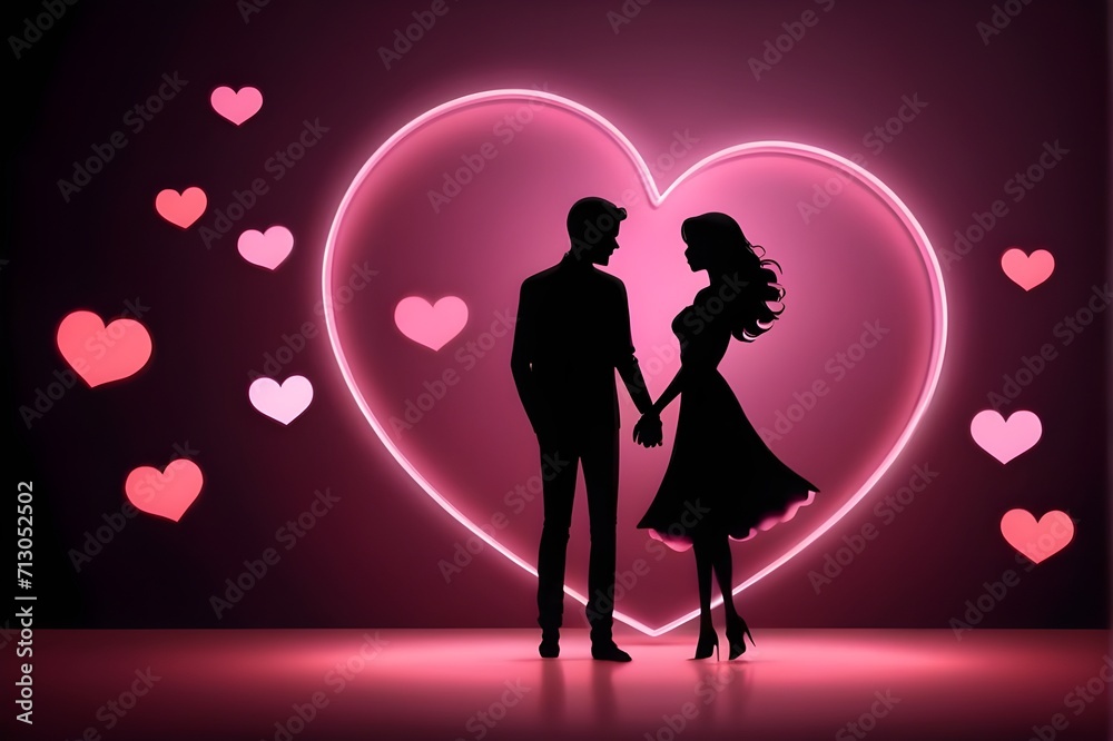 loving couple shadow with neon lights and romantic hearts illustration, valentine day concept blurred background wallpaper loving couple shadow with neon lights and romantic hearts illustration, valentine day concept blurred background wallpaper