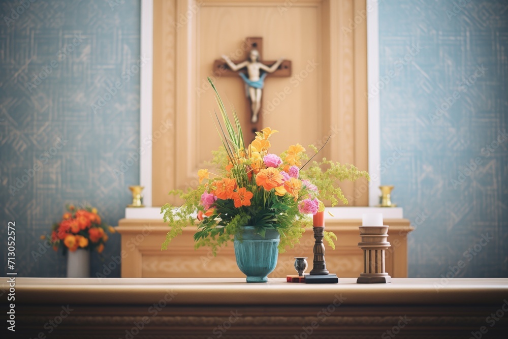 church altar with a crucifix and altar flowers set church altar with a crucifix and altar flowers set