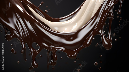 Dark chocolate sauce and milk flow with drops