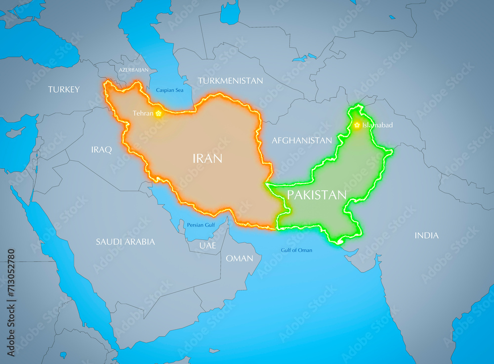 Map of Iran and Pakistan, Middle East conflict.
