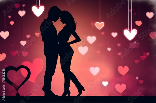 loving couple shadow with neon lights and romantic hearts illustration, valentine day concept blurred background wallpaper photo