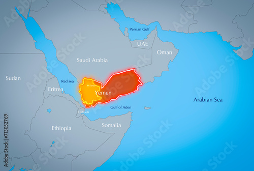 Map of Yemen and surrounding countries, conflict in the Red Sea.