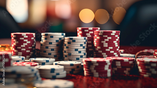 Fortune's Tapestry: Poker Chips Amidst Blurred Casino Magic, Generative AI