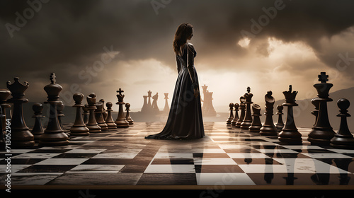 Defeat chess king from a black queen on a chessboard photo