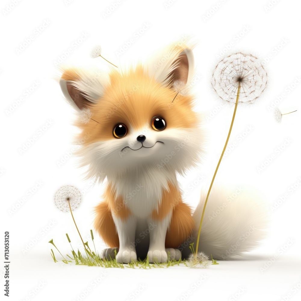 Obraz premium fox and dandelion 3d cute character modern illustration on white background