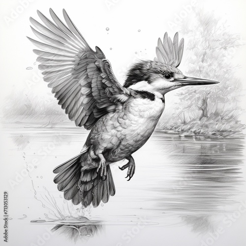 Pencil sketch kingfisher flying over water image Generative AI
