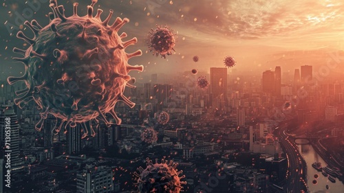 image of a virus that flies over society and destroys cities  quarantine  a complete disaster