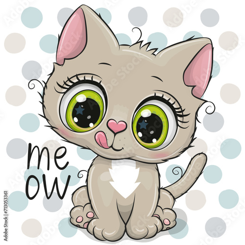 Cute Cartoon Kitten with green eyes