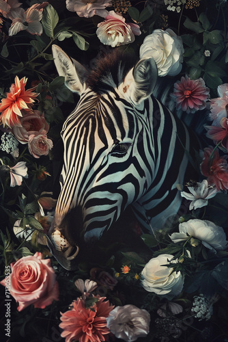 Zebra portrait with fresh flowers and leaves. Creative animal portrait. Generative Ai