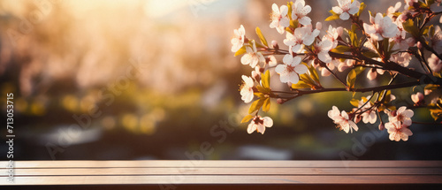 Wooden table spring nature bokeh background, empty wood desk product display mockup with green park sunny blurry abstract garden backdrop landscape ads showcase presentation. Mock up, copy space.