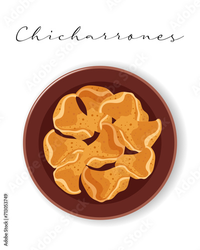 Grilled pork skin, Chicharrones, Latin American cuisine. National cuisine. Food illustration, vector