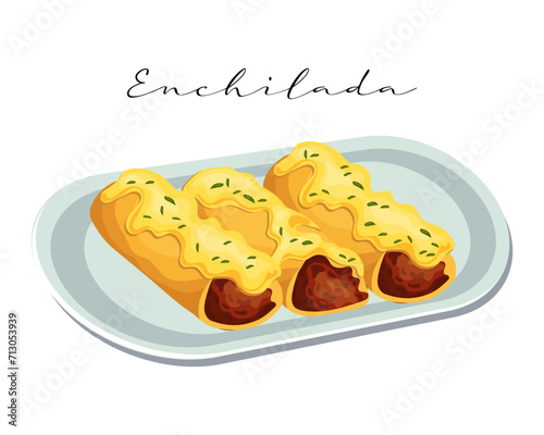 Enchilada with meat with sauce, latin american cuisine, mexican national cuisine. Food illustration, vector