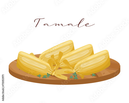 Tamale, dough with meat in corn leaves with chili on a wooden board, latin american cuisine. National cuisine of Mexico. Food illustration, vector