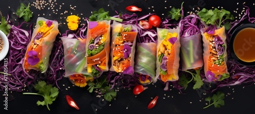 Delicious vegetarian vietnamese spring rolls with free copy space, perfect for vegan food concept