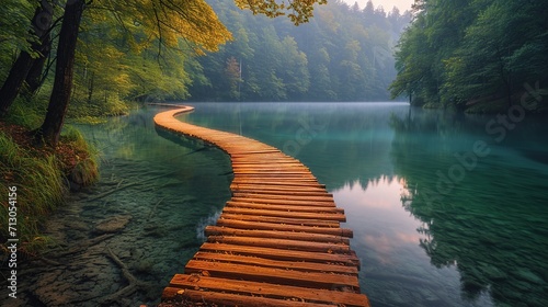 Beautiful lake views with wooden walkways. photo