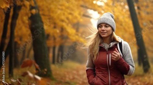 Happy sportswoman enjoys while walking in nature during autumn day. Copy space.
