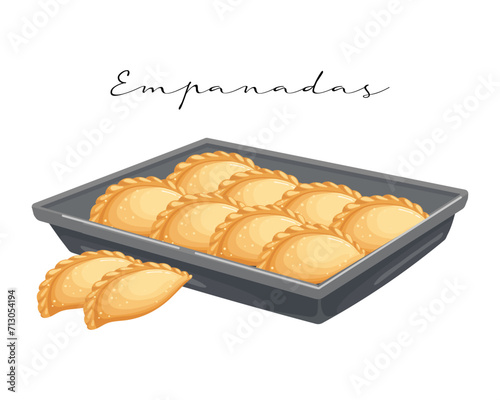 Fried meat pies, empanadas on a baking sheet, latin american cuisine. National cuisine of Argentina. Food illustration, vector