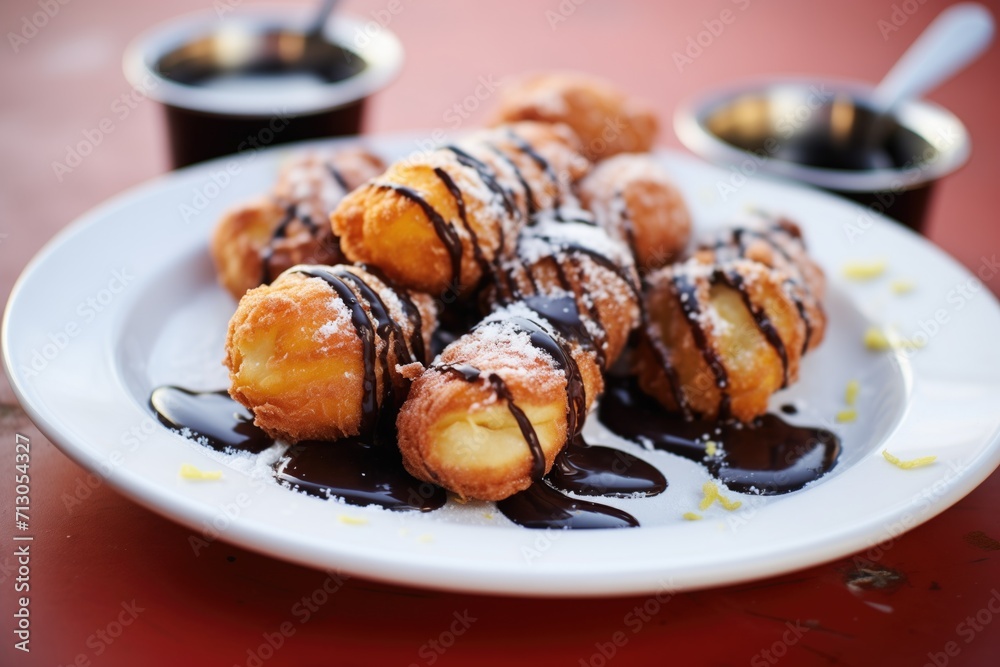 close-up of deep-fried oreos with hot fudge drizzle